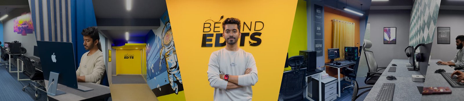 Raihan Ghorami in front of the Beyond Edits wall, with frames of the Dhaka office set either side of him